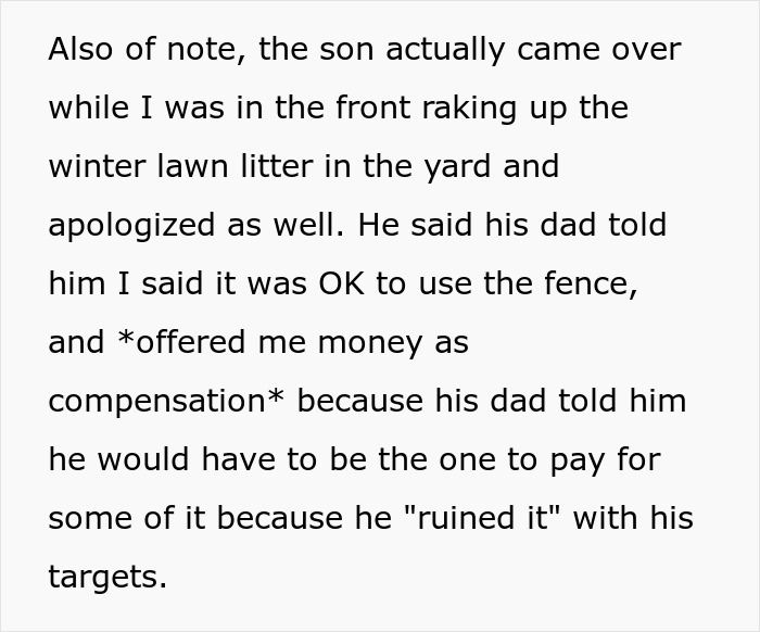 Text about neighbor's son apologizing and offering money for fence damage