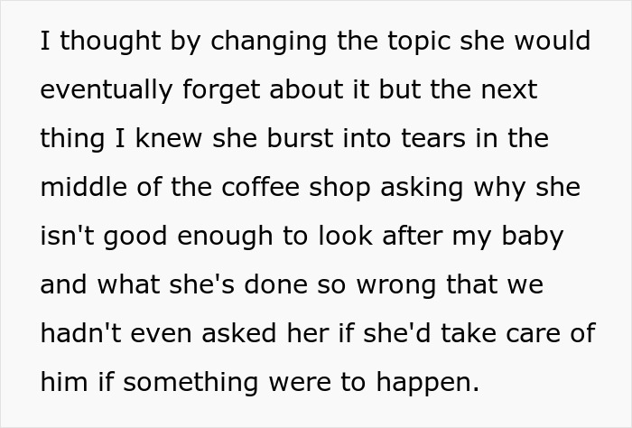 Text describing a MIL's emotional outburst in a coffee shop, asking why she isn't good enough to look after her grandchild.
