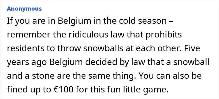 Belgium law bans throwing snowballs, equates snowball with stone, fines up to 100 euros