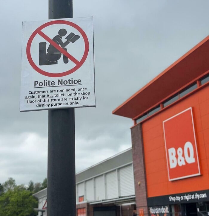 Polite notice forbidding toilets in a British shop for display only
