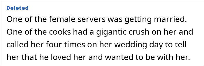 Office drama involving a cook's crush on a female server on her wedding day