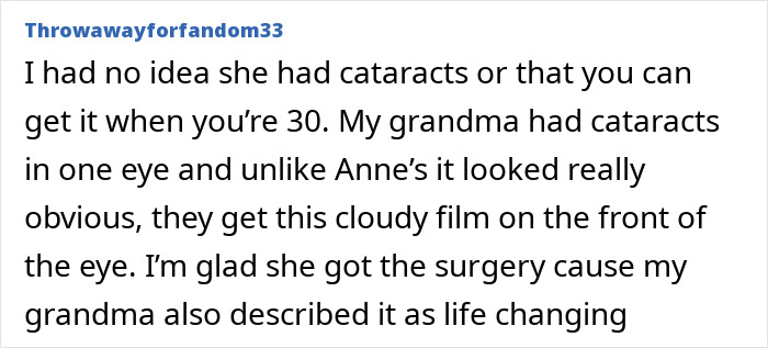 Comment sharing surprise about Anne Hathaway's cataracts and impact of surgery