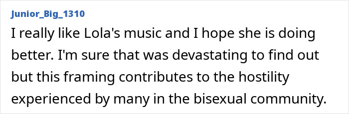 A comment on a white background, mentioning Lola Young's music and a cheating married dad lover story.