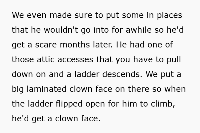 Text describing a prank: a laminated clown face placed on an attic ladder to scare a cheating partner.