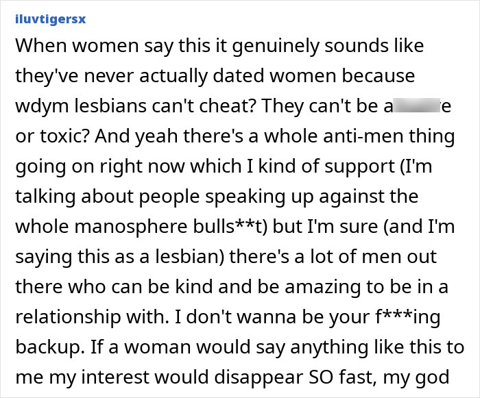 A social media post from "iluvtigersx" discussing if lesbians can cheat, relating to Lola Young's cheating story.