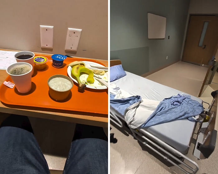 Hospital food tray and empty hospital bed in medical room