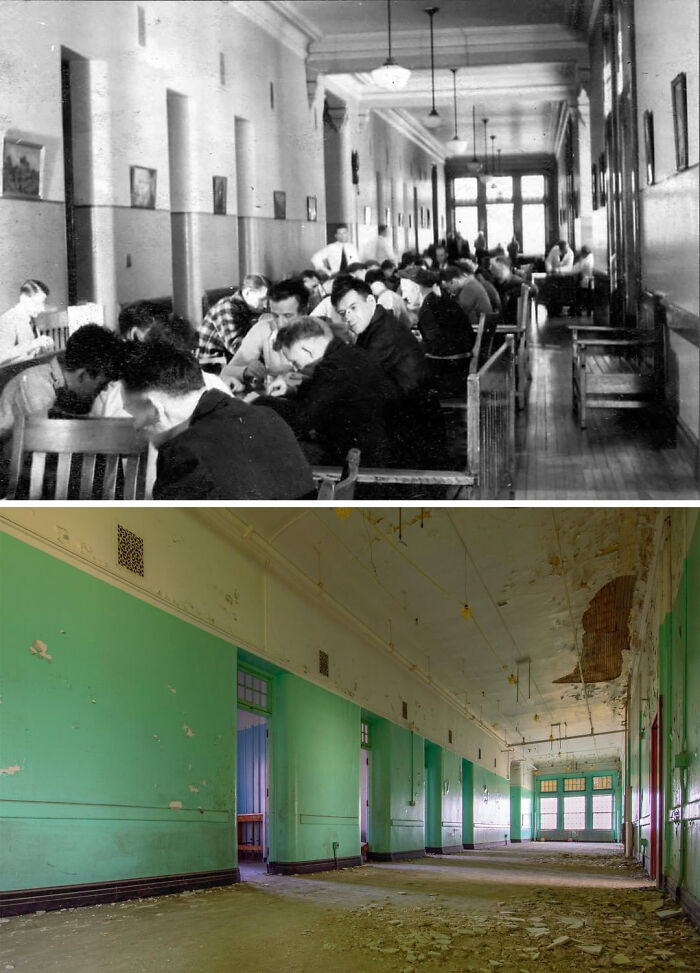 Empty neglected rooms with peeling wallpaper and old furniture in abandoned mansion