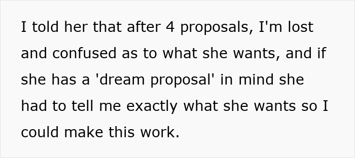 Text about confusion after 4 proposals and asking for dream proposal details