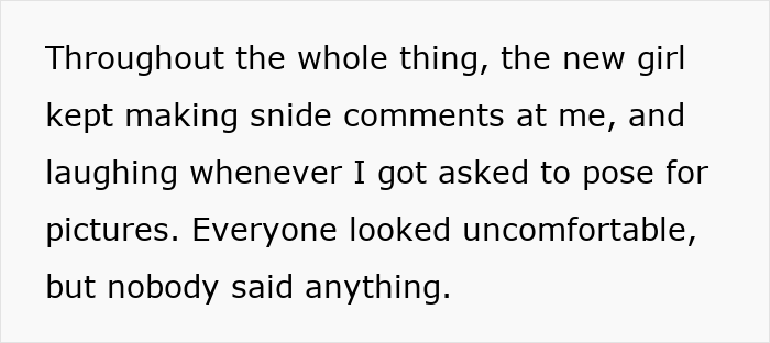 Text describing new girl making snide comments at convention Text describing new girl making snide comments at convention