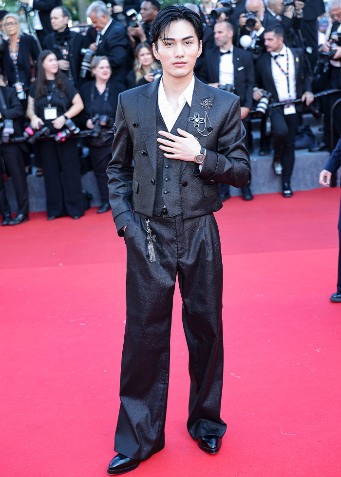 Man in stylish black suit with brooch on Cannes 2026 red carpet