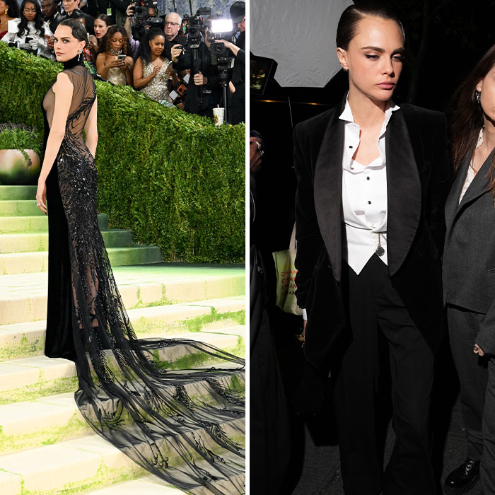 Cara Delevingne's Met Gala fashion transformation: elegant black gown to sleek tuxedo for an afterparty.