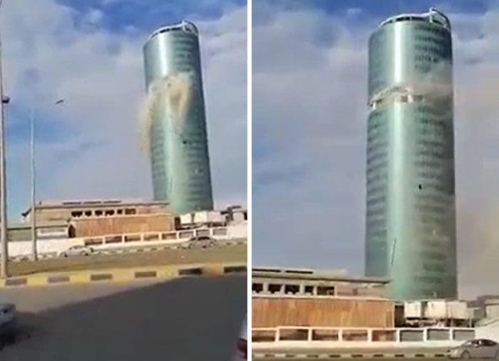A machinery failure: A two-part image of a tall, cylindrical building, beginning to collapse from the top.