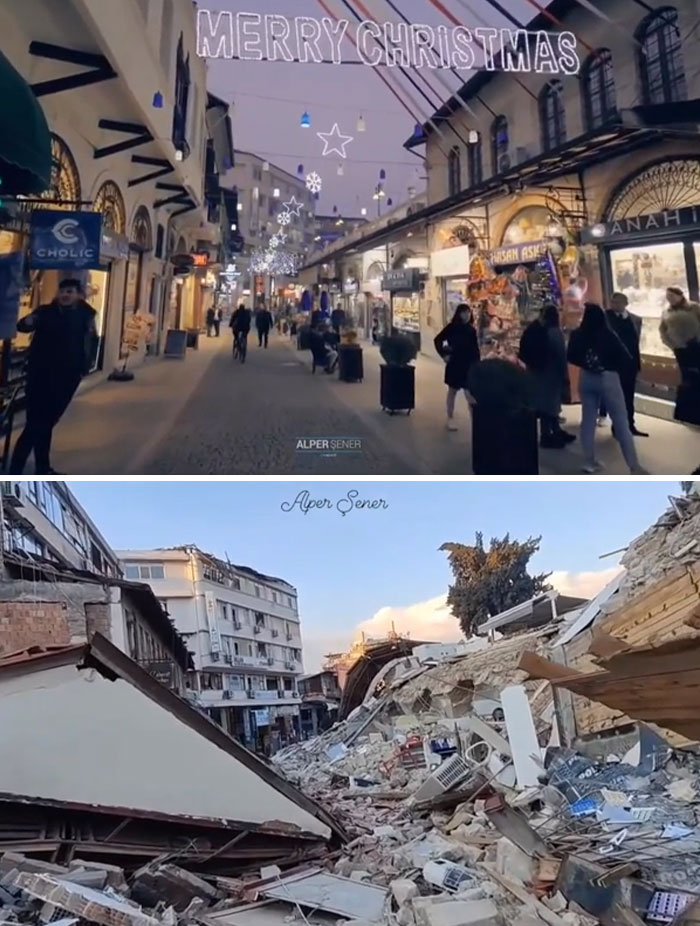 A split image showing a lively street decorated for Christmas and, below, buildings that have failed catastrophically.