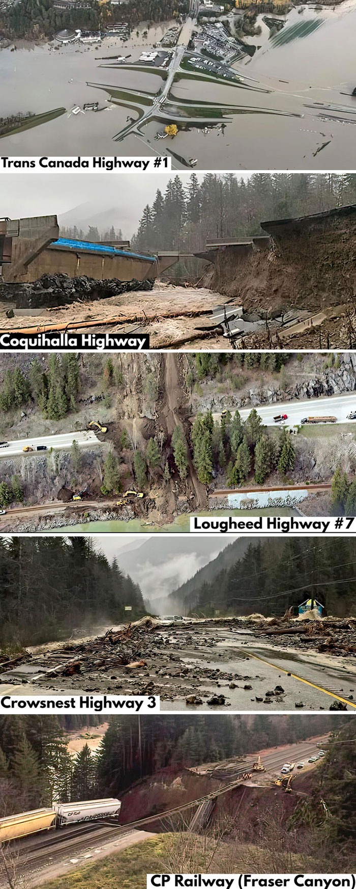 Catastrophic machinery failures across multiple highways and railways, showing flood damage, landslides, and collapsed structures.