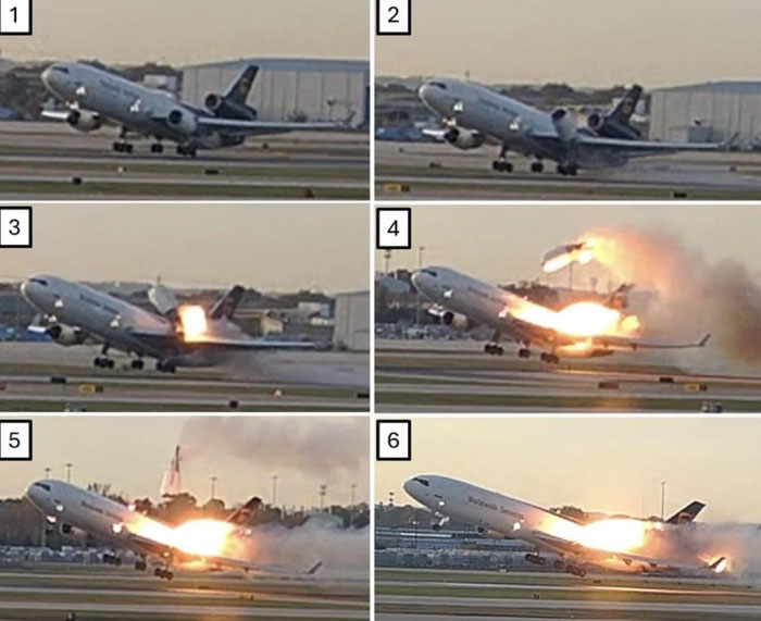 Sequence of a large cargo plane failing catastrophically during takeoff, engine exploding with bright flames and smoke.