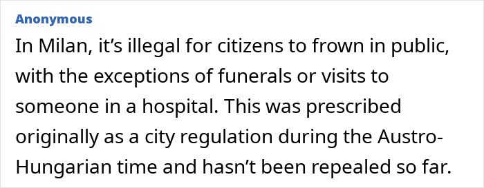 Milan law prohibits frowning in public except funerals or hospital visits