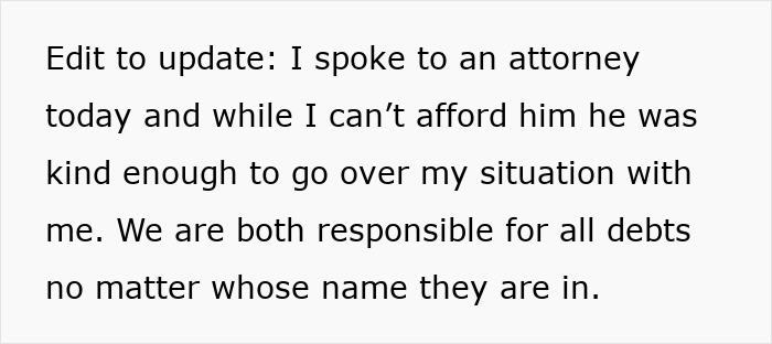 Text about speaking to an attorney regarding debt and responsibility Text about speaking to an attorney regarding debt and responsibility