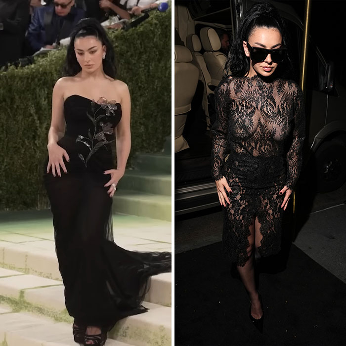Charli XCX in two Met Gala afterparty fashion transformations: a black strapless gown and a sheer black lace dress.