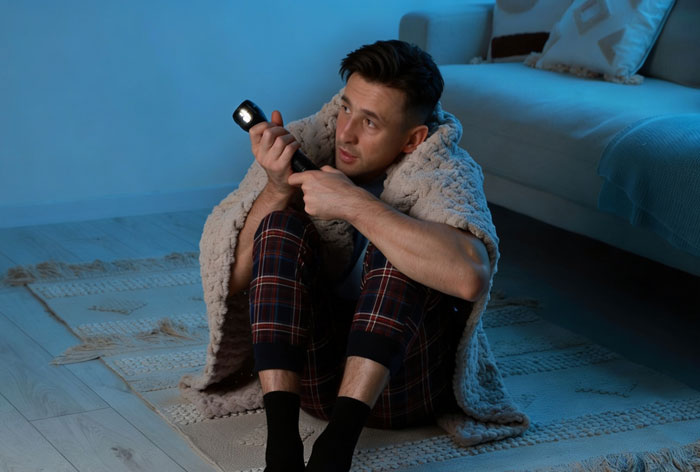 A man wrapped in a blanket, sitting on the floor with a flashlight, looking scared. He's discovering the clowns.