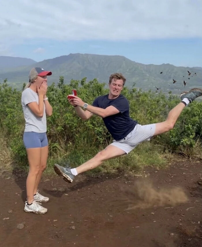 Hilarious edits of a woman's proposal pic, where a man dramatically leaps while proposing to a surprised woman.