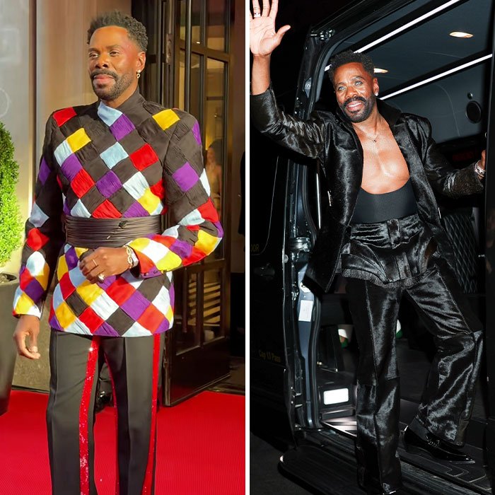Billy Porter's Met Gala Afterparty fashion transformations from a colorful patterned jacket to a sleek open-chested black suit.
