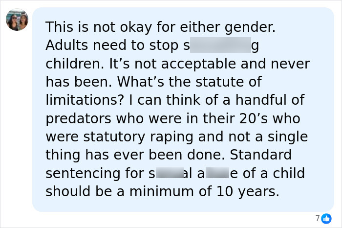 A social media comment about horrific crimes against a 14-year-old boy, discussing fair sentencing for Female World Cup Soccer Hopeful.