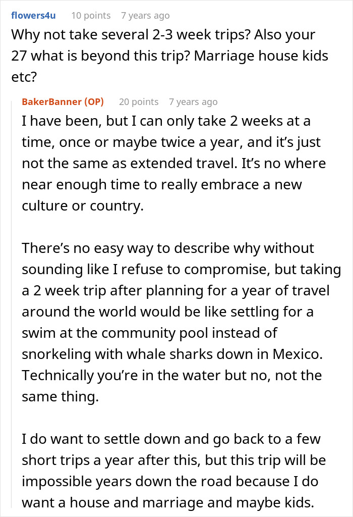 A Reddit thread discussing a woman's dream trip dilemma after saving up for 5 years and making an impossible choice.