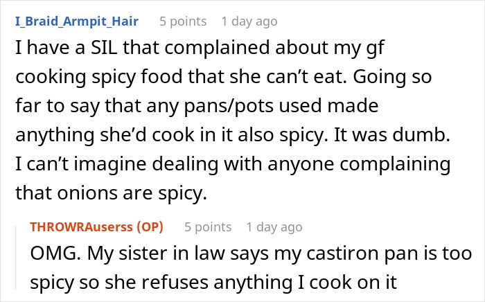 Complaint about sister in law blaming pans for spicy food