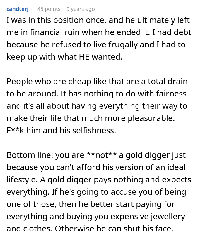 Comment discussing financial ruin from wealthy boyfriend insisting on 50 50 split in relationship Comment discussing financial ruin from wealthy boyfriend insisting on 50 50 split in relationship