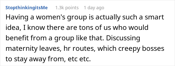 A Reddit comment discussing the benefit of a women's group for workplace issues and coworker dynamics, relating to a lunch invite.