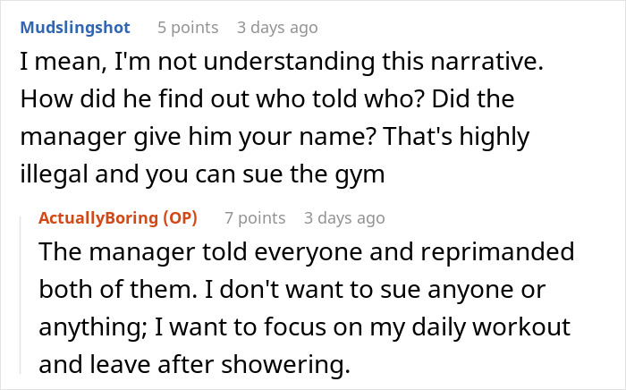 Comment about manager revealing secret and legal concerns of outing at gym Comment about manager revealing secret and legal concerns of outing at gym