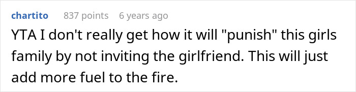 Comment on banning brother's girlfriend from family events punishing her family Comment on banning brother's girlfriend from family events punishing her family
