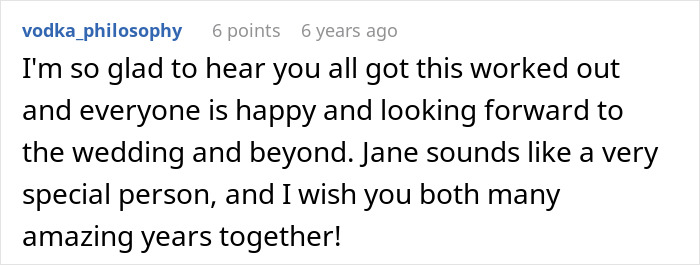 Supportive comment wishing happiness and successful wedding