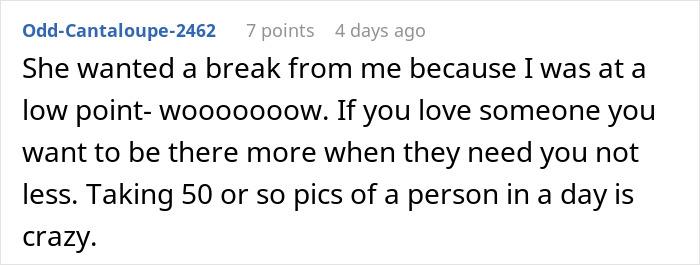 A Reddit comment about a guy sharing his wife's honeymoon behavior, raising questions about his sanity.