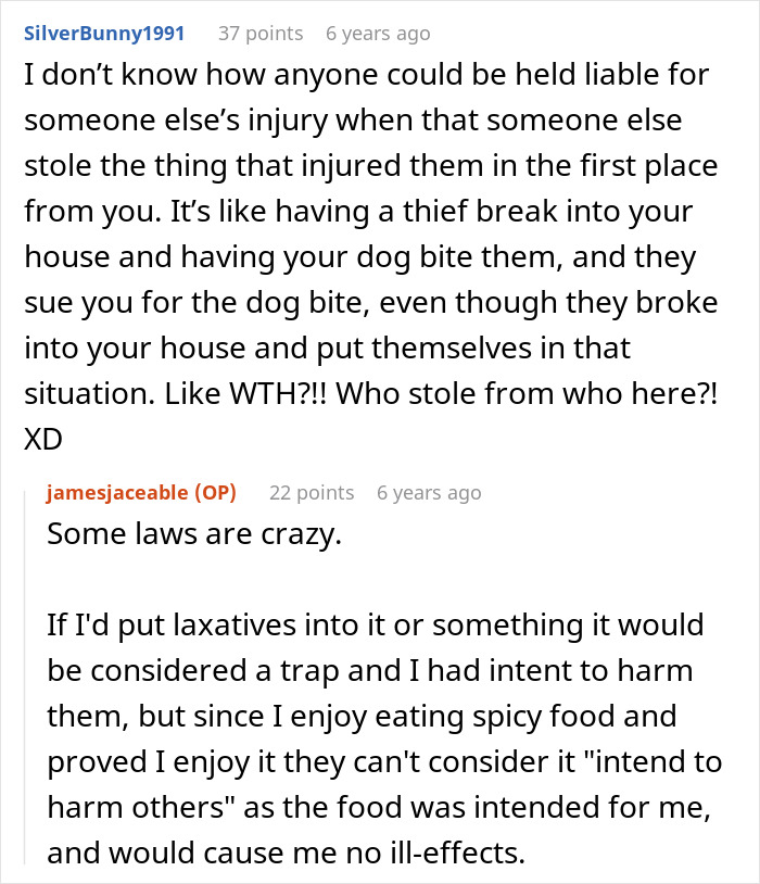 A Reddit discussion about an office food thief stealing ghost pepper chili, raising questions about legal liability. A Reddit discussion about an office food thief stealing ghost pepper chili, raising questions about legal liability.