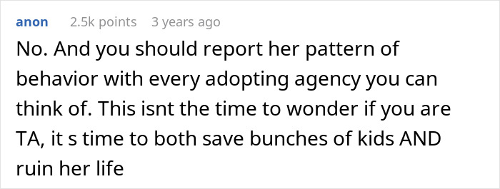 Comment advising to report sister to adopting agencies due to infertility issues Comment advising to report sister to adopting agencies due to infertility issues