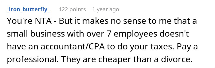 A screenshot of a Reddit comment advising a small business owner to hire a professional accountant to avoid being a loser and a failure.