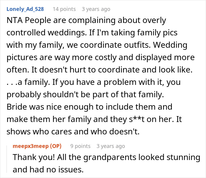 Comments supporting bride's coordinated wedding outfit choices and family inclusion Comments supporting bride's coordinated wedding outfit choices and family inclusion