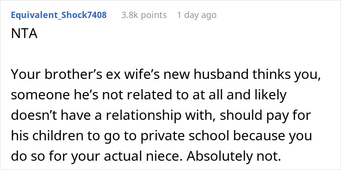 A reddit comment with 3.8k points supporting a wealthy woman who spoils her niece, causing jealousy from her stepsiblings.