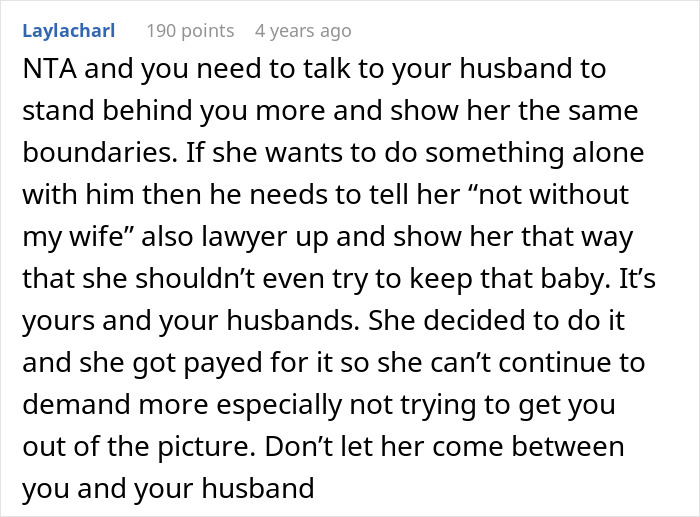 Comment advising to set boundaries with surrogate and get legal help in surrogate custody issues Comment advising to set boundaries with surrogate and get legal help in surrogate custody issues