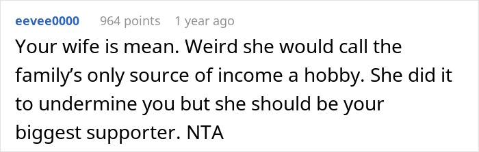 A screenshot of a comment calling a wife mean for dismissing a successful business as a hobby, causing a man to feel like a loser and a failure.