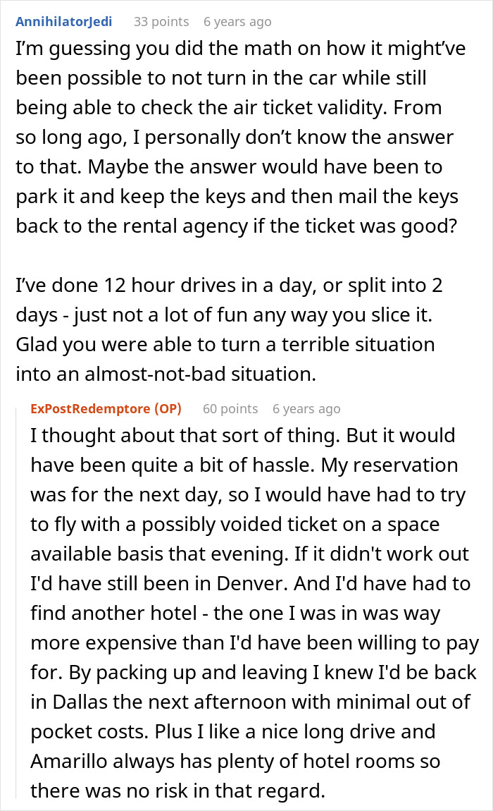 User explains challenges of returning a rental car and making a long drive after job loss User explains challenges of returning a rental car and making a long drive after job loss