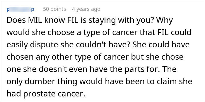 A Reddit comment discussing an MIL disowning grandchild and FIL's presence, questioning a false cancer claim.