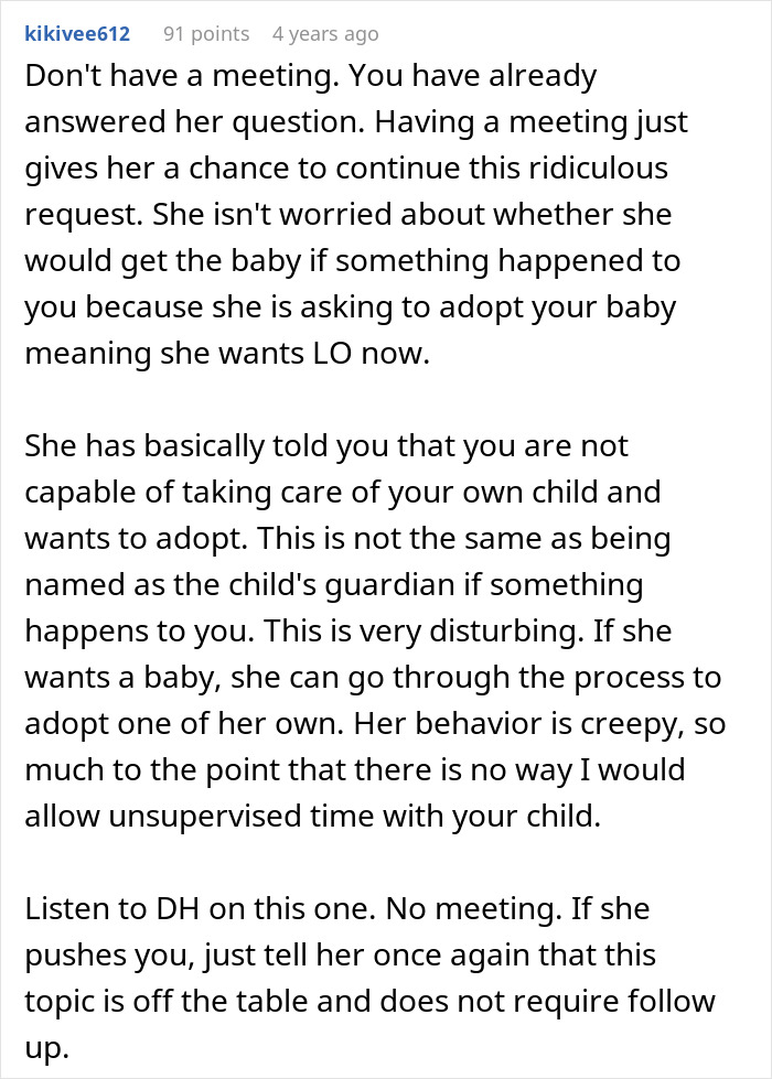A Reddit comment advising against a meeting, highlighting a mother-in-law's unhinged adoption request for her grandchild.