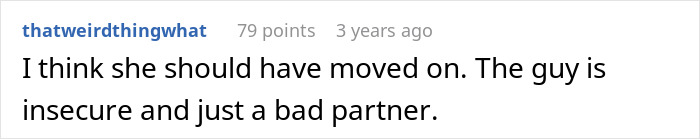 A comment from a user named "thatweirdthingwhat" on an online forum, discussing a guy who regrets leaving his wife.
