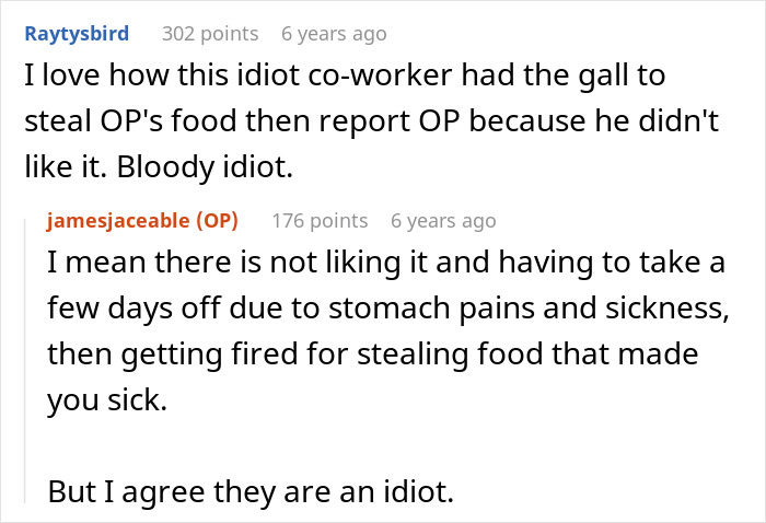 Screenshot of a Reddit thread. An office food thief got fired after stealing ghost pepper chili. Screenshot of a Reddit thread. An office food thief got fired after stealing ghost pepper chili.
