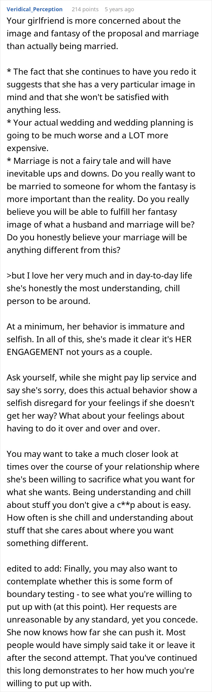 Comment analyzing woman's selfish behavior in repeated proposal demands