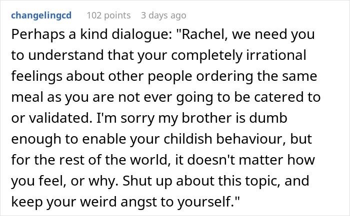 Advice on having a direct dialogue about irrational restaurant ordering tantrums