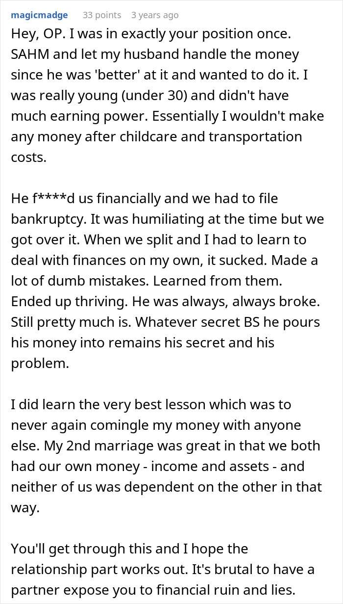 A Reddit comment by magicmadge sharing a personal story about financial struggles and divorce, highlighting a wife's financial nightmare.