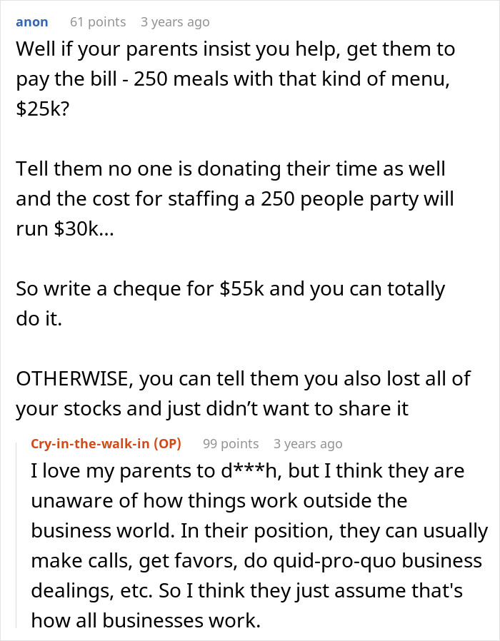 Reddit post discussing brother wedding money for food and staffing, totaling $55k, with parent's view on business favors.